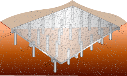 Diagram of a slab laid on top of a number of poles. 