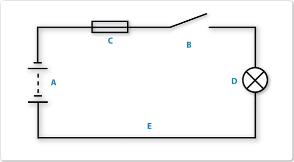 Circuit diagram, showing 5 component symbols labeled A to E