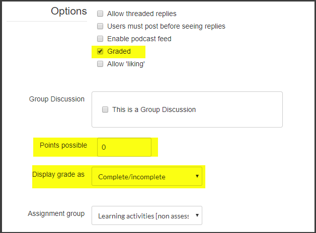 This learning activity is manually set to zero (0) under the "points possible" setting. We do this to align with a pilot being run for recording Evidence of Participation (EoP). More details on the learning activity settings are included in the screenshot below. You do not need to adjust these settings if you are using this template.