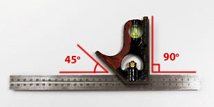 Photo of combination square showing angles of 45 and 90 degrees.