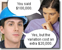 Photo of a builder and his client. The client says 'You said $100,000.' The builder says 'Yes, but the variation cost an extra $20,000.'
