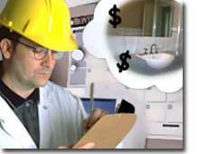 Photo of a builder holding a clipboard. He is estimating the cost of a bathroom basin.
