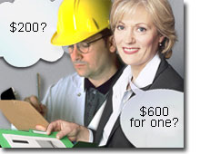 Photo of a builder holding a clipboard and a client holding a brochure. The builder thinks '$200?'. The client questions '$600 for one?' 
