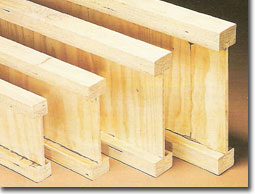 Close up of plywood beams showing panel and timber edges.