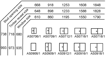 Diagram showing different sizes of aluminium windows available. Measurements show height and width of window, timber reveal size and stud opening.