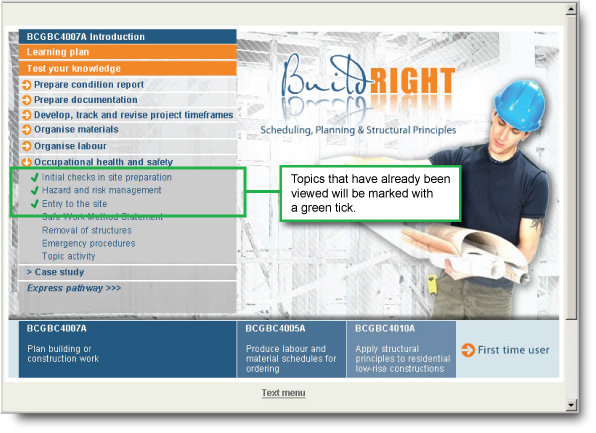 Screen capture of the home page of the Toolbox with text explaining that topics already viewed are marked with a green tick.