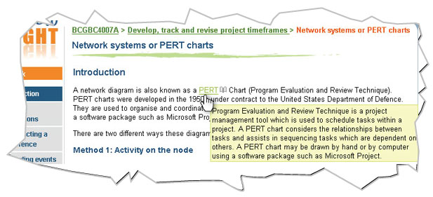 Screen capture of a glossary term with mouseover information.