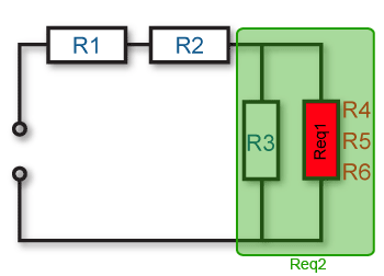 Diagram showing the redrawing of a series parallel circuit