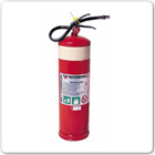 Picture of a red fire extinguisher with an oatmeal coloured band