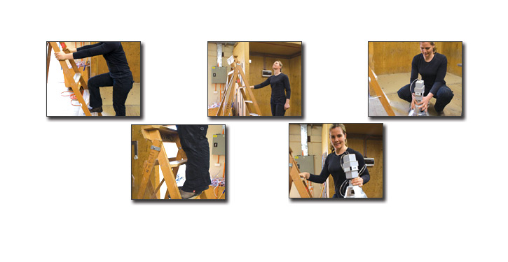 Five images of steps taken to move a light down from the ceiling to floor level, not in order