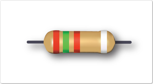 Image of three band resistor, red, green, red and silver tolerance