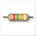 Image of three band resistor, grey, red, green and gold tolerance