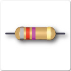 Image of three band resistor, grey, red, purple and gold tolerance