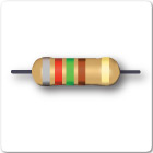 Image of four band resistor, grey, red, green, brown and gold tolerance