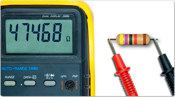 Image showing 47468 ohms on four band resistor, yellow, purple, black, red and brown tolerance