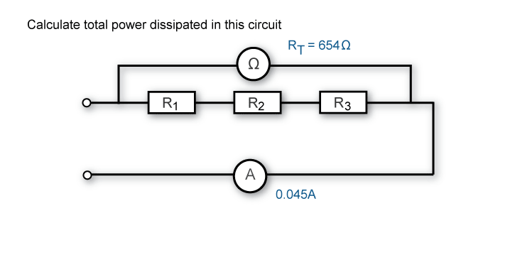 Calculate total power dissipated when the total resistance is 654 ohms and the current flow is 0.045A