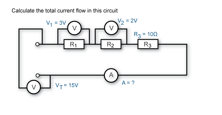 Calculate total voltage when voltage across R1 is 3V, R2 is 2V and R3 has a resistance of 10 ohms