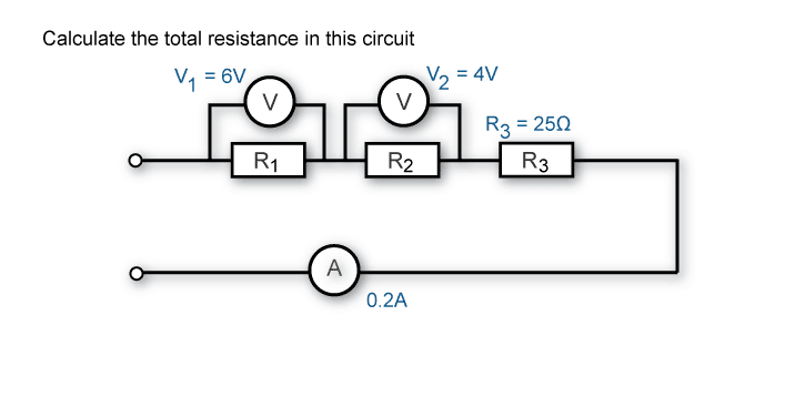 Calculate total voltage when voltage across R1 is 6V, R2 is 4V, R3 has a resistance of 10 ohms and the total current flow is 0.2A