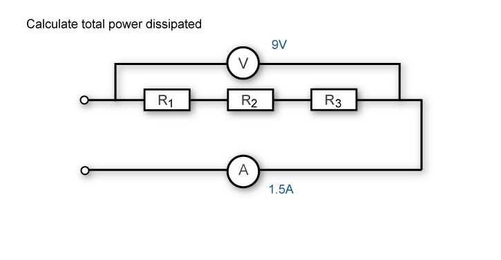 Calculate total power dissipated when the supply voltage is 9V and the current flow is 1.5A