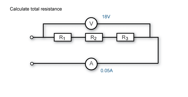 Calculate total resistance when the supply voltage is 18V and the current flow is 0.05A