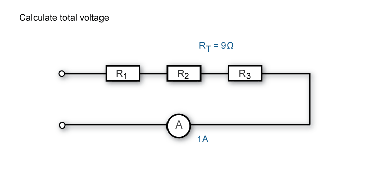 Calculate total resistance when the total resistance is 9 ohms and the current flow is 1A