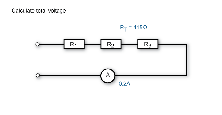 Calculate total voltage when the total resistance is 415 ohms and the current flow is 0.2A