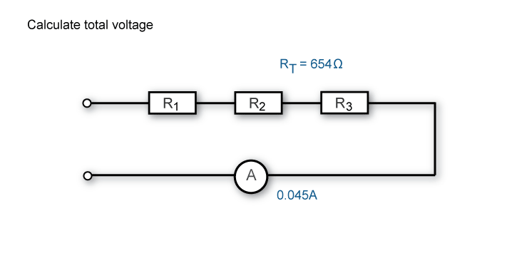 Calculate total voltage when the total resistance is 654 ohms and the current flow is 0.045A