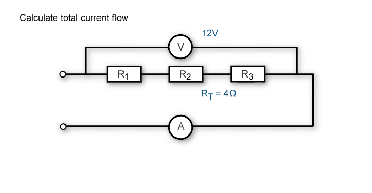 Calculate total current flow when the total resistance is 4 ohms and the total voltage is 12V