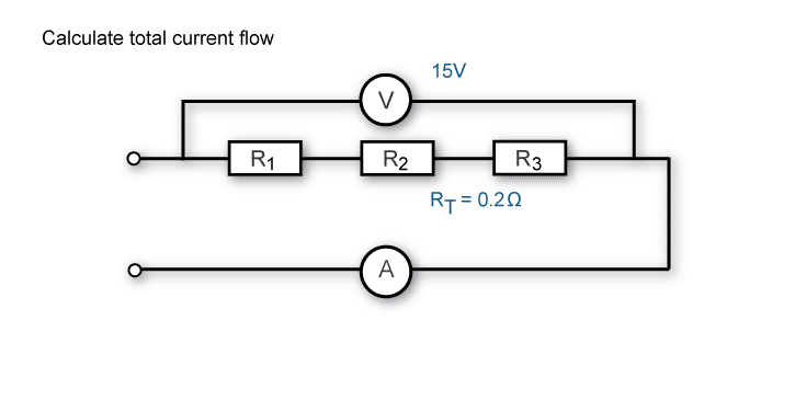 Calculate total current flow when the total resistance is 0.2 ohms and the total voltage is 15V