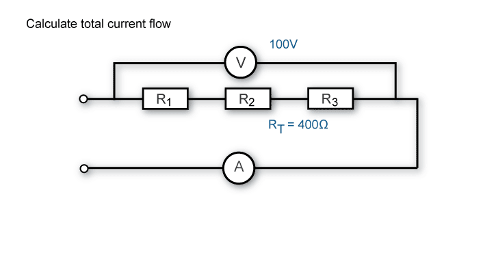 Calculate total current flow when the total resistance is 400 ohms and the total voltage is 100V