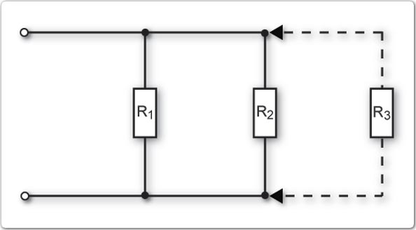 Circuit diagram showing two resistors connected in parallel, with a third added