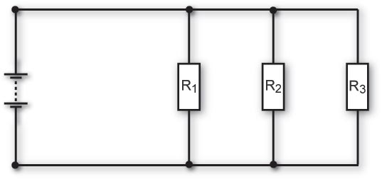 Circuit diagram showing three resistors connected in parallel