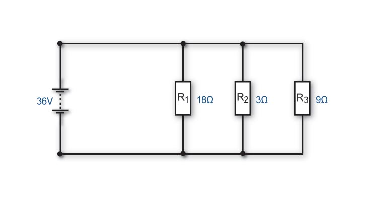 Circuit diagram showing three resistors connected in parallel