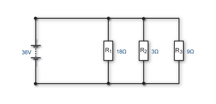 Circuit diagram showing three resistors connected in parallel