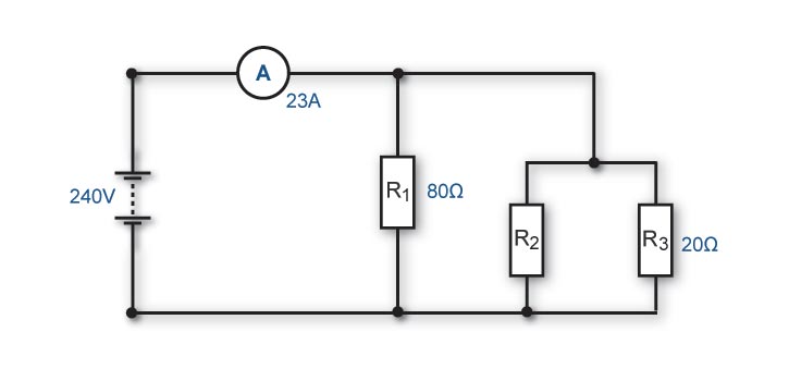 Circuit diagram showing three resistors connected in parallel