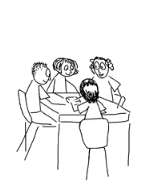 Cartoon students at a table