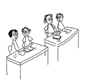 Cartoon desks with students talking