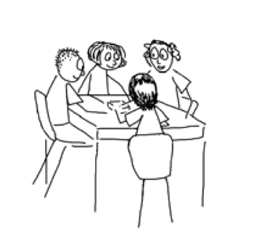 hand-drawn image of four students sitting around a table collaborating