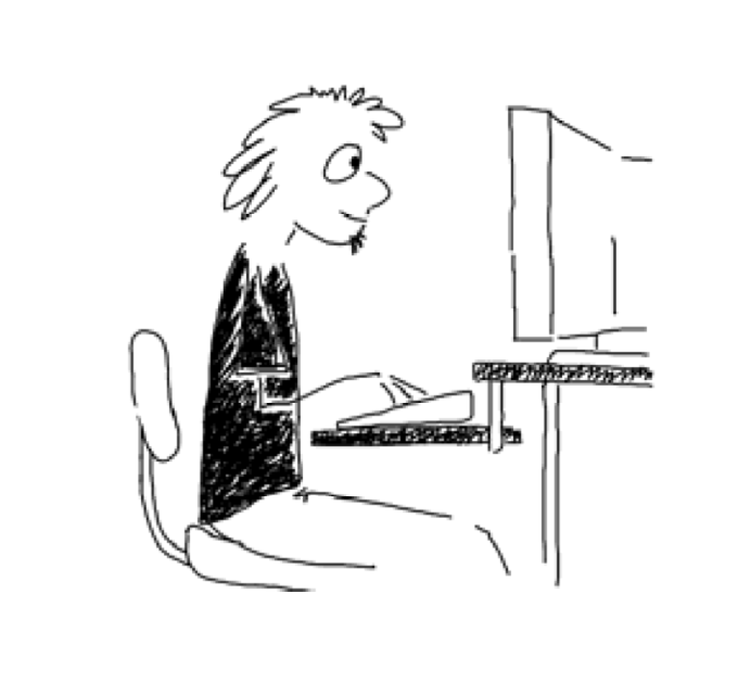 hand-drawn image of a person sitting at a computer