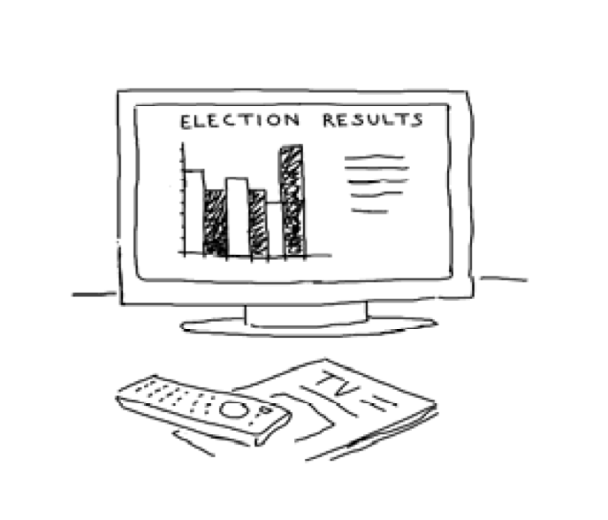 hand-drawn image of a computer screen showing a graph of election results and a TV guide and remote control