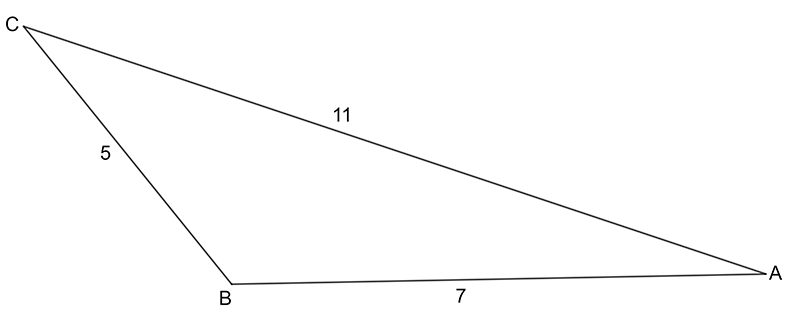Triangle with internal angles A, B and C. Length of sides opposite these angles are 5,11 and 7 respectively.