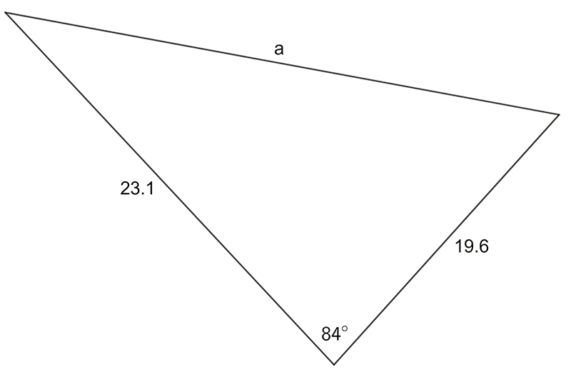 Triangle with internal angle of 84 degrees. Side a is opposite this angle. Left hand side is of length 23.1. Right hand side length is 19.6.