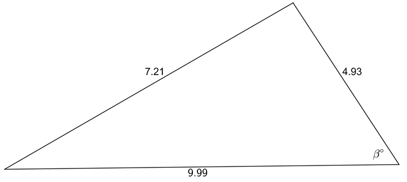 Triangle with internal angle beta degrees. Opposite side has length 7.21. Right hand side has length 4.93. Lower side has length 9.99.