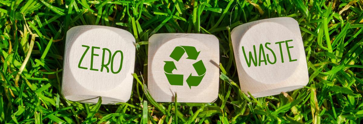 Dice with recycling logo and the words -zero waste- printed on them sitting in green grass